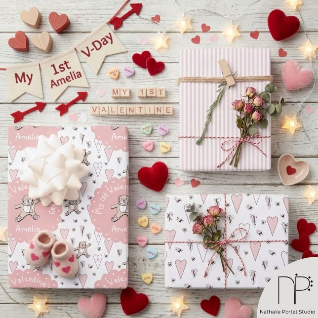 Pink Teddy Bear 1st Valentine Wrapping Paper Sheet (Hand drawn teddy bear wrapping paper for baby girl 1st valentine or birthday celebrations)