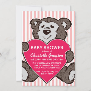 Pink Teddy Bear and Heart Baby Shower Invitation