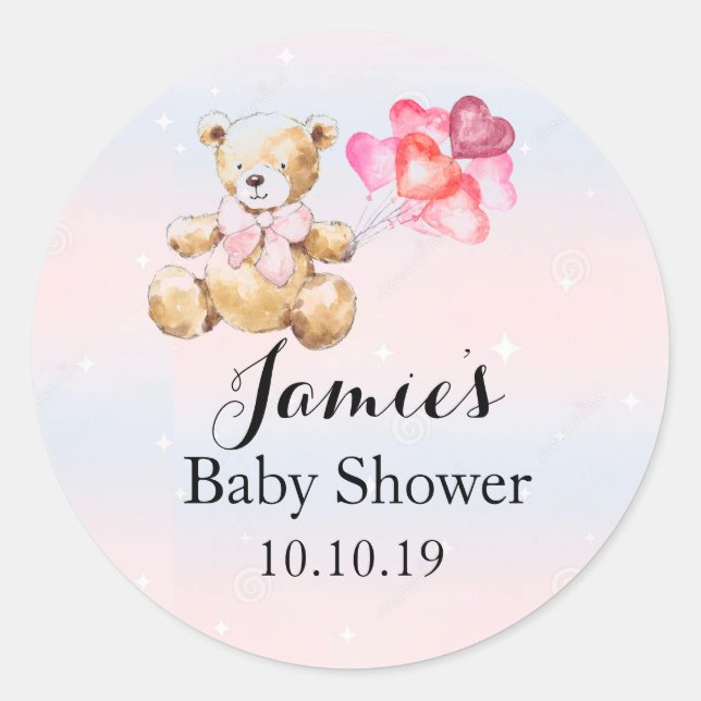 Pink Teddy Bear - Baby Girl Baby Shower Classic Round Sticker (Front)
