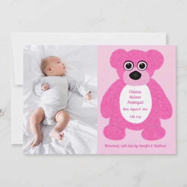 Pink Teddy Bear Baby Girl Birth Annoucement Invitation (Front)