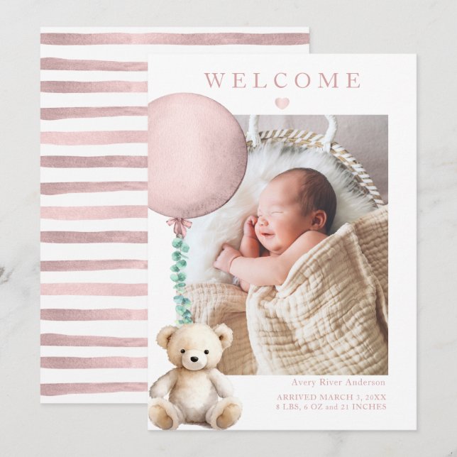 Pink Teddy Bear Baby Girl Photo Birth Announcement (Front/Back)