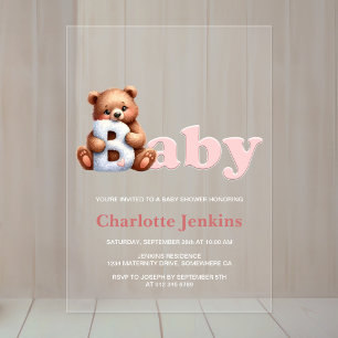 Pink Teddy Bear Baby Shower Acrylic Invitations