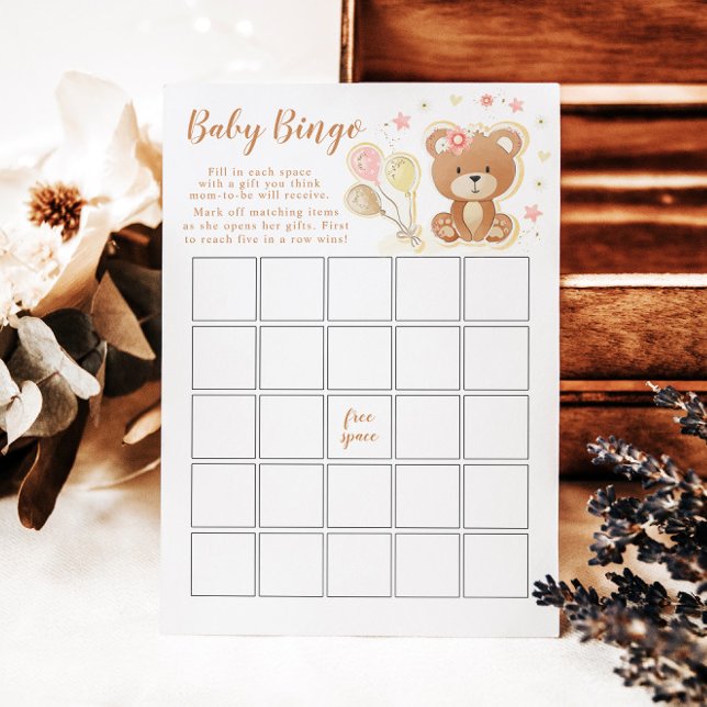 Pink Teddy Bear Baby Shower Bingo Game Card (Creator Uploaded)