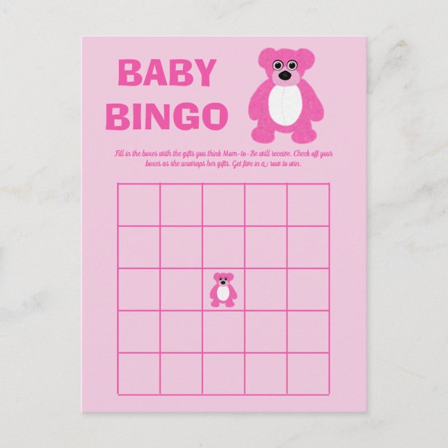 Pink Teddy Bear Baby Shower Bingo Game Cards (Front)