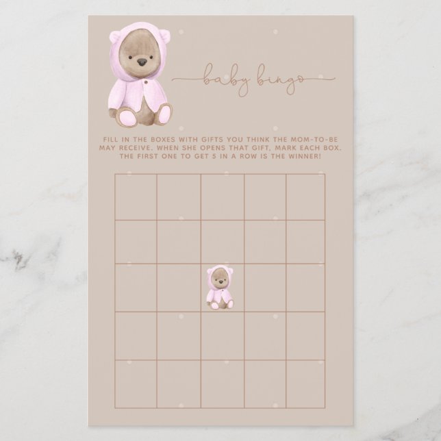 Pink Teddy Bear Baby Shower Bingo Game Flyer (Front)