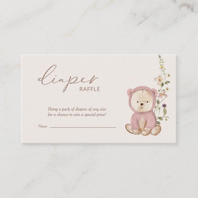 Pink Teddy Bear Baby Shower Diaper Raffle Enclosure Card (Front)
