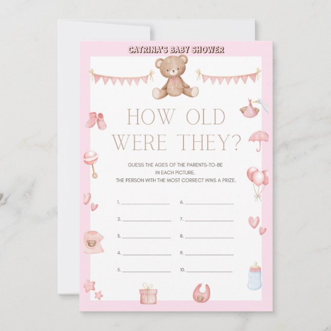 Pink Teddy Bear Baby Shower - Editable Name, 5x7 Invitation (Front)