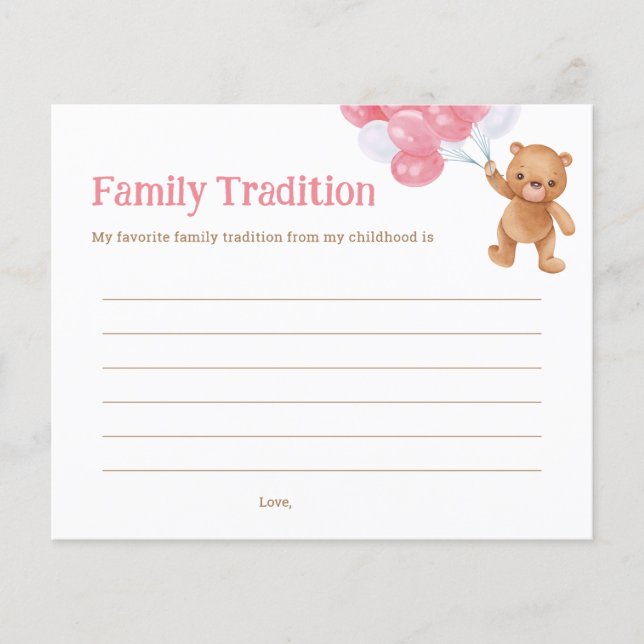 Pink Teddy Bear Baby Shower Family Tradition Card (Front)