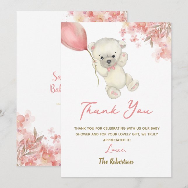 Pink Teddy Bear Baby Shower | Floral Baby Girl Thank You Card (Front/Back)