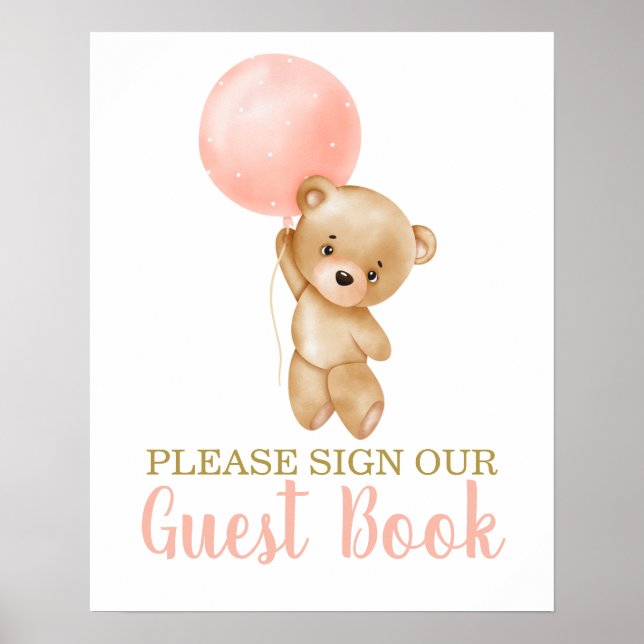 Pink Teddy Bear Baby Shower Girl Sign Guest Book (Front)