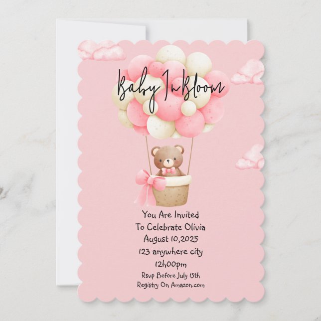 pink teddy bear baby shower invitation (Front)