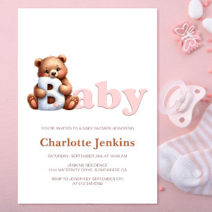 Pink Teddy Bear Baby Shower Invitation