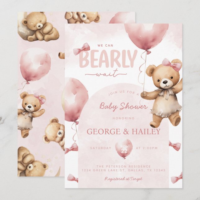 Pink Teddy Bear Baby Shower Invitation (Front/Back)