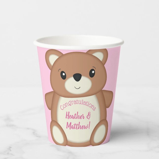 Pink Teddy Bear Baby Shower Paper Cups (Front)