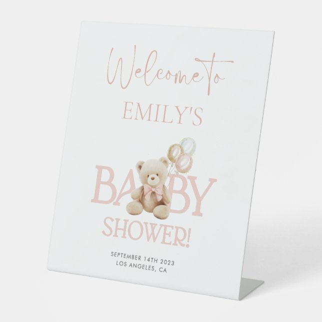 Pink Teddy Bear Baby Shower Welcome Pedestal Sign (Front)