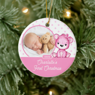 Pink Teddy Bear Baby's First Christmas Photo Ceramic Ornament
