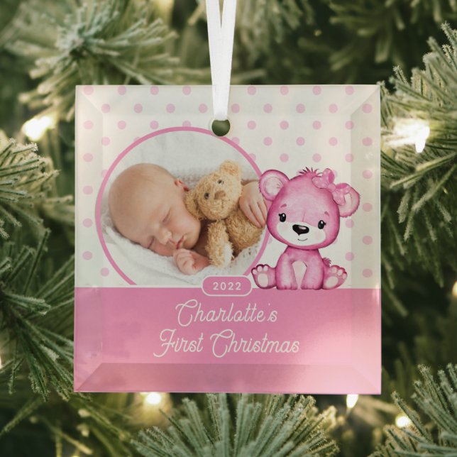 Pink Teddy Bear Baby's First Christmas Photo Glass Tree Decoration (Insitu)
