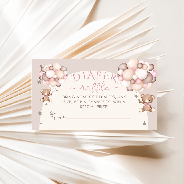 Pink Teddy Bear Balloon Baby Shower Diaper Raffle Enclosure Card (Creator Uploaded)