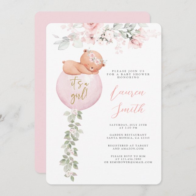 Pink Teddy Bear Balloon Baby Shower Girl Invitation (Front/Back)