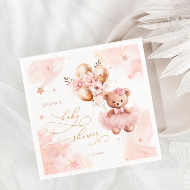 Pink Teddy Bear Balloon Bearly Wait Baby Shower Napkin (Creator Uploaded)