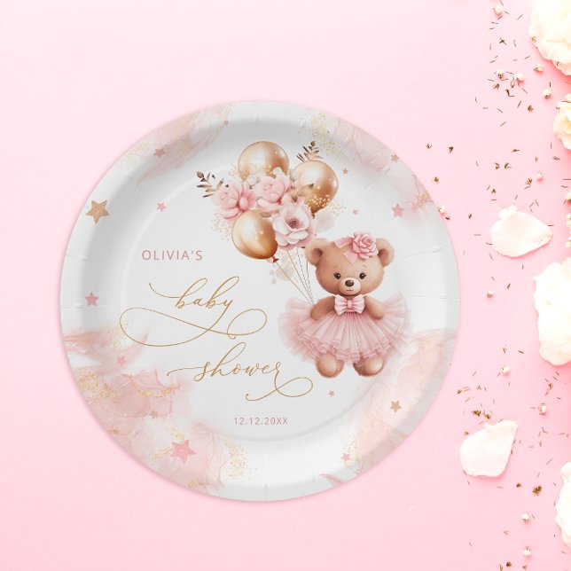 Pink Teddy Bear Balloon Bearly Wait Baby Shower Paper Plate (Creator Uploaded)