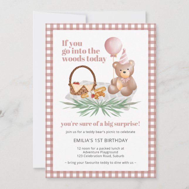 Pink Teddy Bear Balloon Picnic: 1st Birthday Invitation (Front)