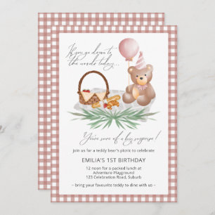 Pink Teddy Bear Balloon Picnic 1st Birthday   Invitation