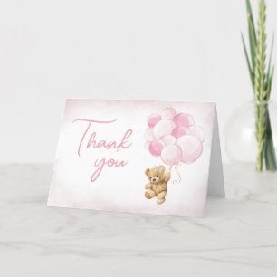 Pink Teddy Bear Balloons Baby Shower Thank You Card
