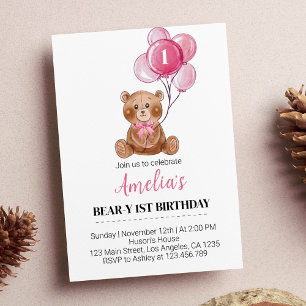 Pink Teddy Bear Balloons First Birthday Invitation