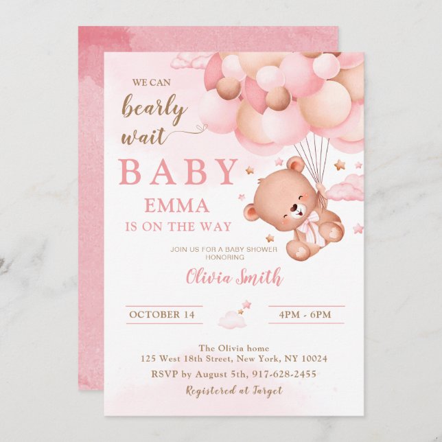 Pink Teddy Bear Balloons Girl Baby Shower Invitation (Front/Back)