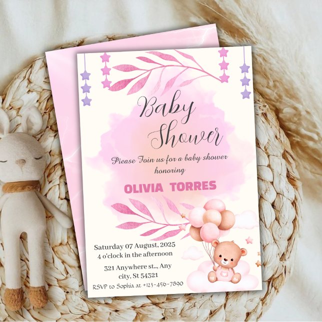 Pink,Teddy Bear, Balloons,Girl Baby shower Invitation (Creator Uploaded)