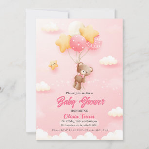 Pink Teddy Bear Balloons Girl Baby Shower Invitation