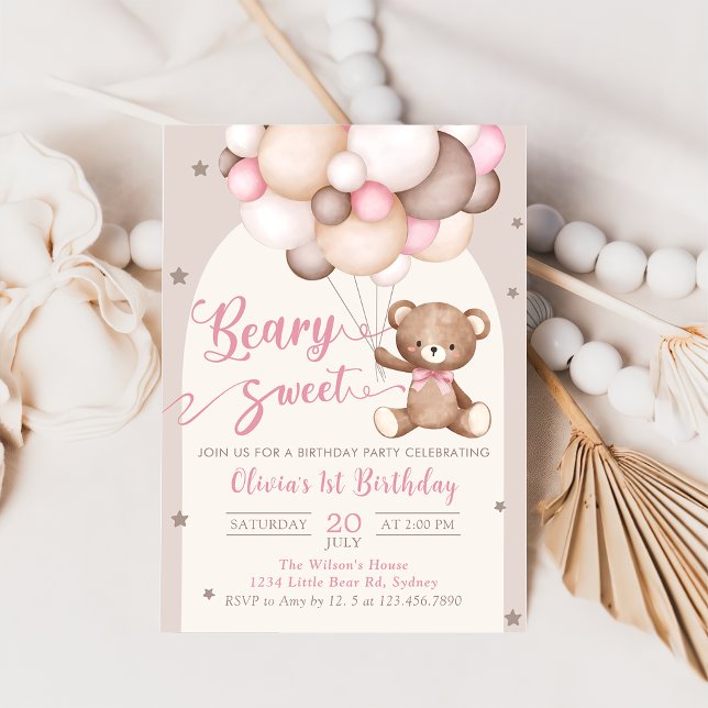 Pink Teddy Bear Balloons Girl Birthday Invitation (Creator Uploaded)