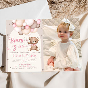 Pink Teddy Bear Balloons Girl Birthday Photo Invitation