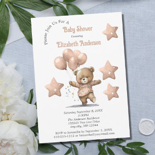 Pink Teddy Bear Balloons Stars Girl Baby Shower Invitation