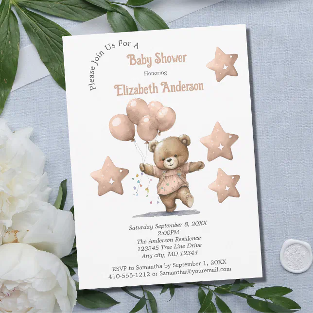 Pink Teddy Bear Balloons Stars Girl Baby Shower Invitation | Zazzle