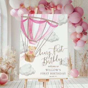Pink Teddy Bear Beary First Birthday Welcome Sign