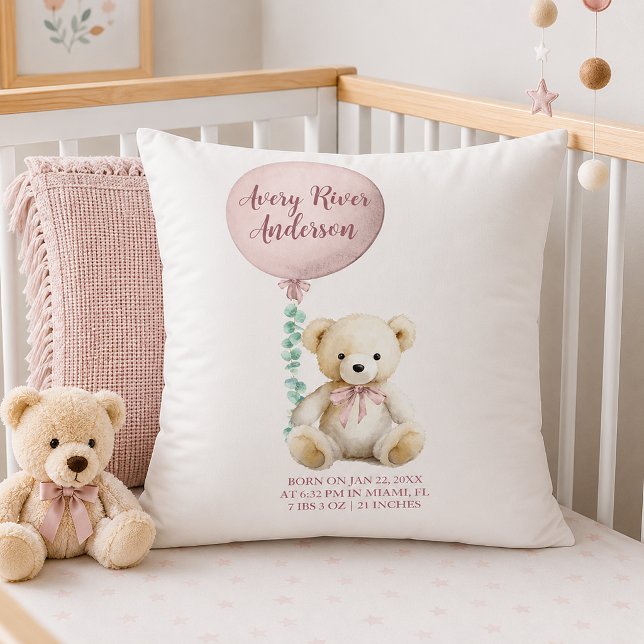 Pink Teddy Bear Birth Stats Baby Pillow (Cozy nursery with personalized baby pillow)