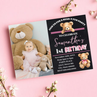 Pink Teddy Bear Birthday Beary Fun Birthday Party Invitation