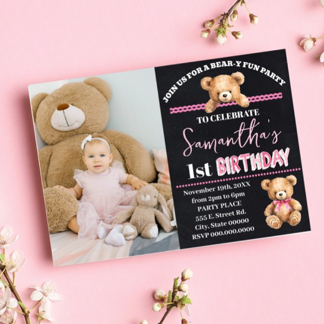Pink Teddy Bear Birthday Beary Fun Birthday Party Invitation (Creator Uploaded)