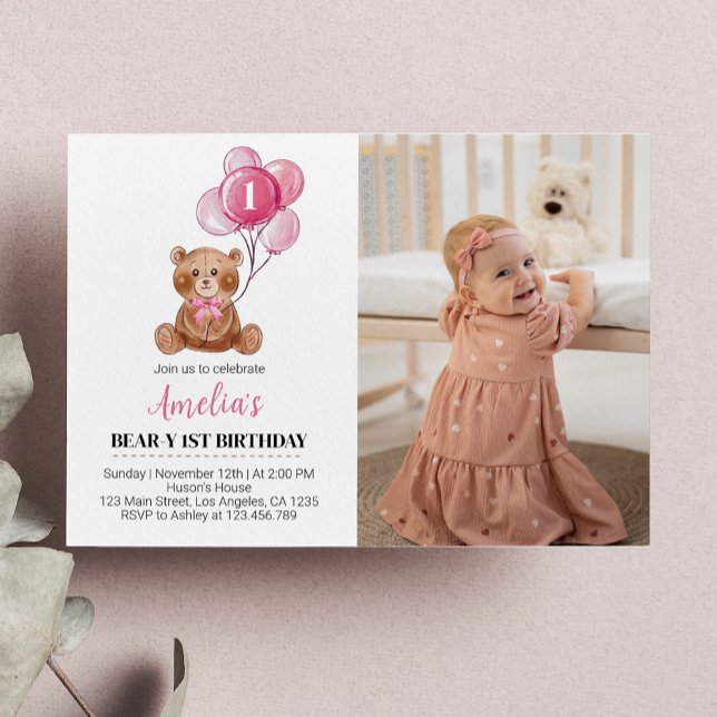 Pink Teddy Bear Birthday Invitation Bear Balloon (Creator Uploaded)