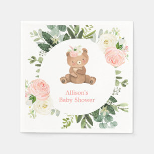 Pink teddy bear blush white greenery baby shower napkin