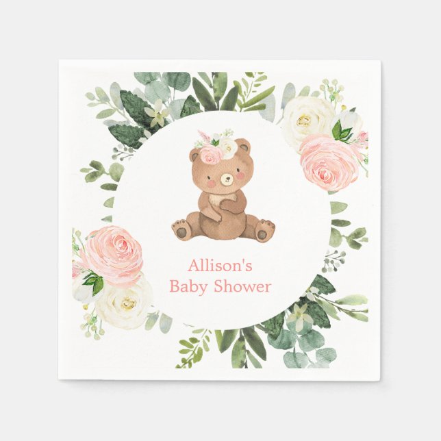 Pink teddy bear blush white greenery baby shower napkin (Front)