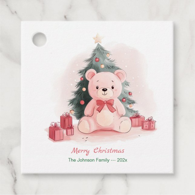 Pink Teddy Bear Christmas Favour Tags (Front)