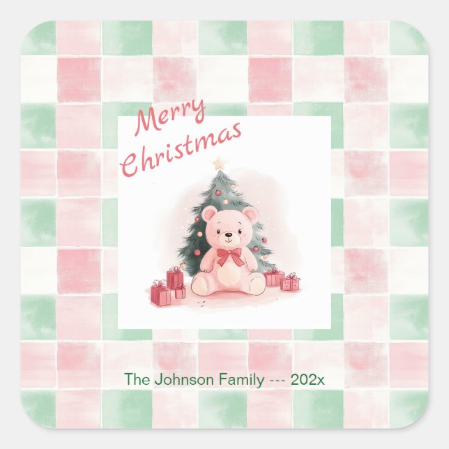 Pink Teddy Bear Cute Christmas Square Sticker (Front)