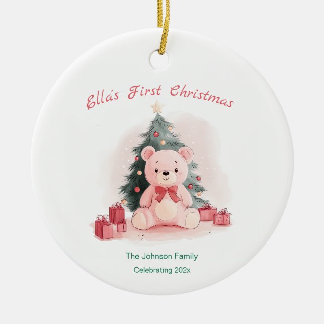 Pink Teddy Bear First Christmas Ceramic Ornament (Front)