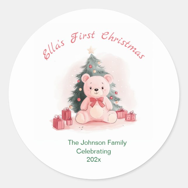 Pink Teddy Bear First Christmas Classic Round Sticker (Front)