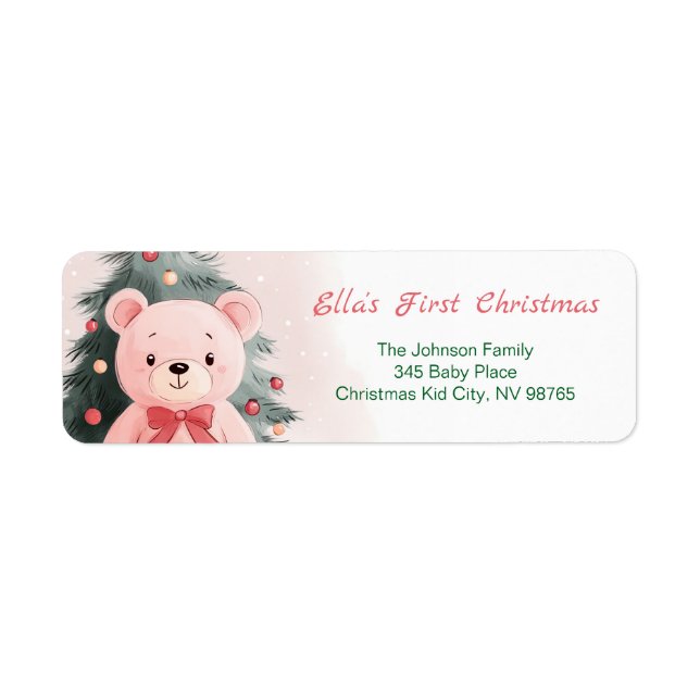 Pink Teddy Bear First Christmas Return Address Label (Front)