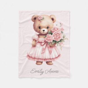 Pink Teddy Bear Flowers Child's Name Fleece Blanket