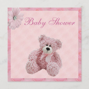Pink Teddy Bear & Flowers Girl's Baby Shower Invitation